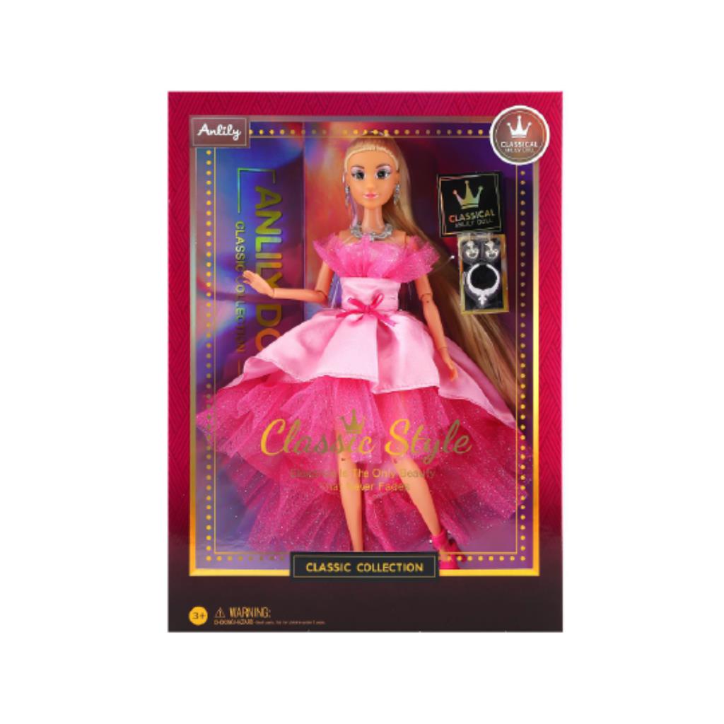 Anlily Classic Style Princess Doll – Bright Pink Layered Tulle Gown Edition with Jewelry Accessories
